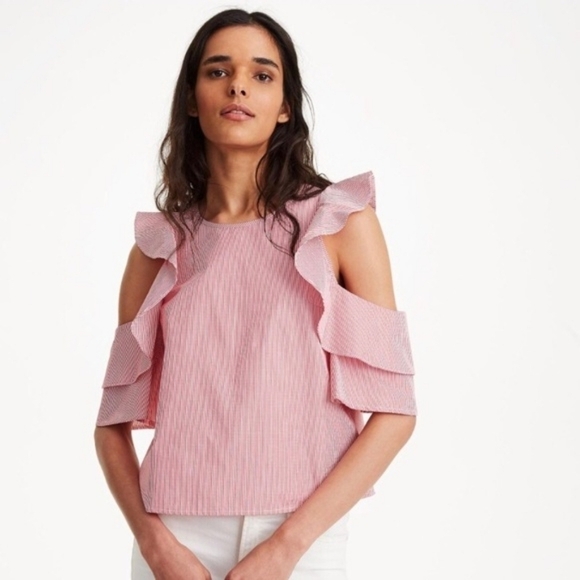 Club Monaco Tops - 𝅺CLUB Monaco Hamisi Red White Striped Cold-shoulder Ruffle Top xs